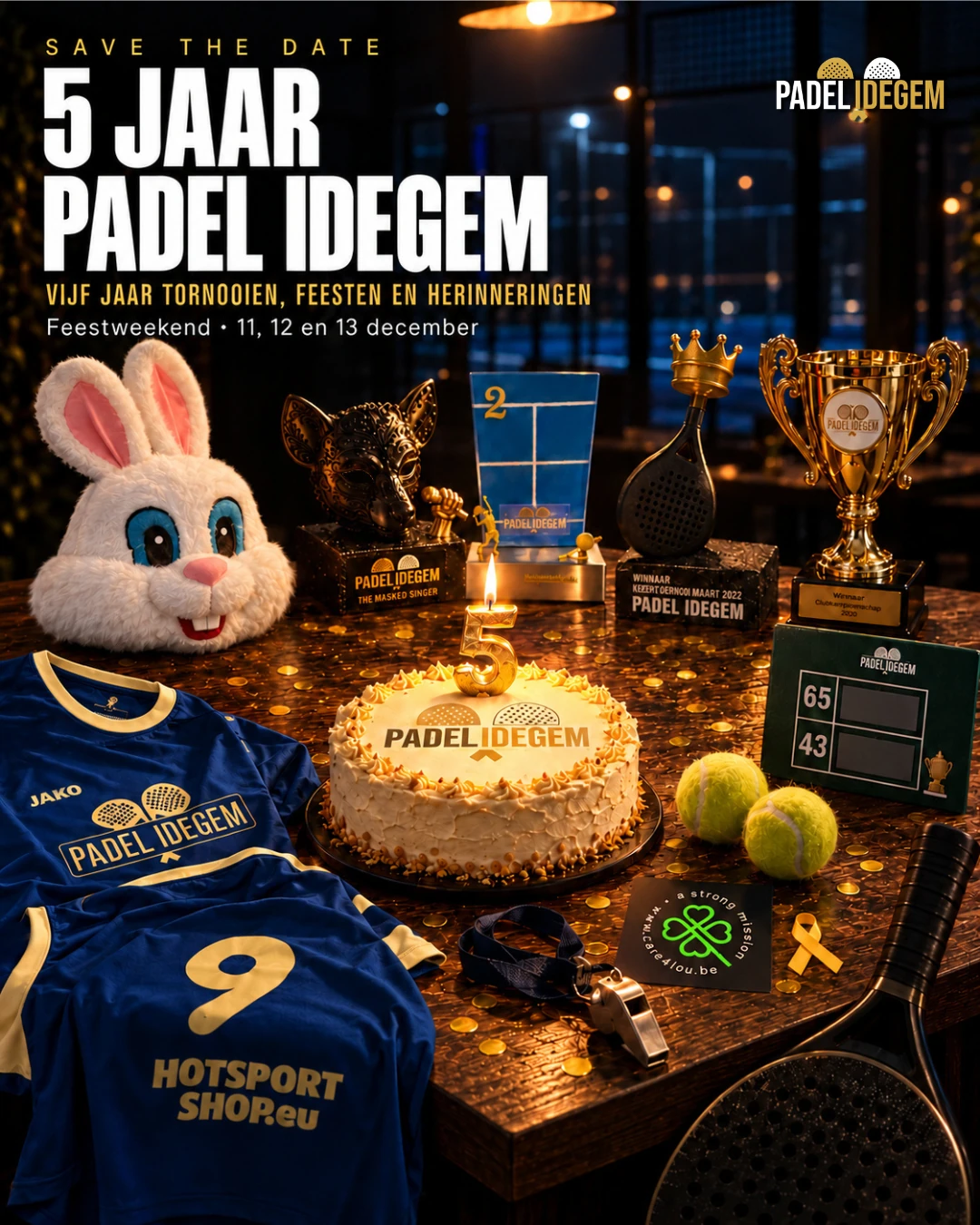 Affiche 5 jaar Padel Idegem, feestweekend op 11, 12 en 13 december 2026
